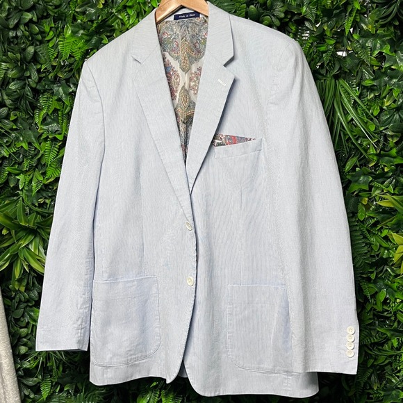 Alan Flusser Blazer Jacket Men Blue Striped CottonPaisley Lined Lightweight‎
